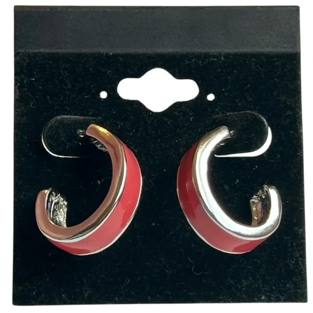 Vintage Pink Enamel Silver Hoop Earrings